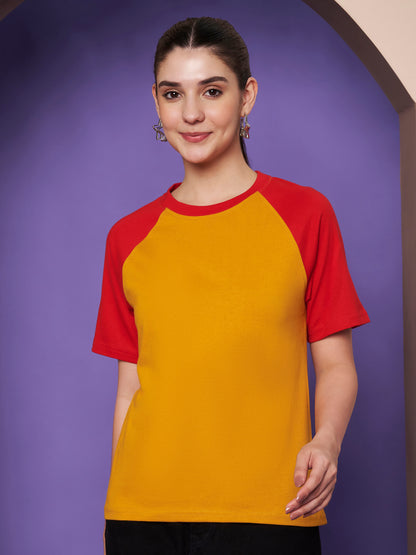 BRINNS Women Solid Raglan Sleeves Round Neck Cotton T-shirt