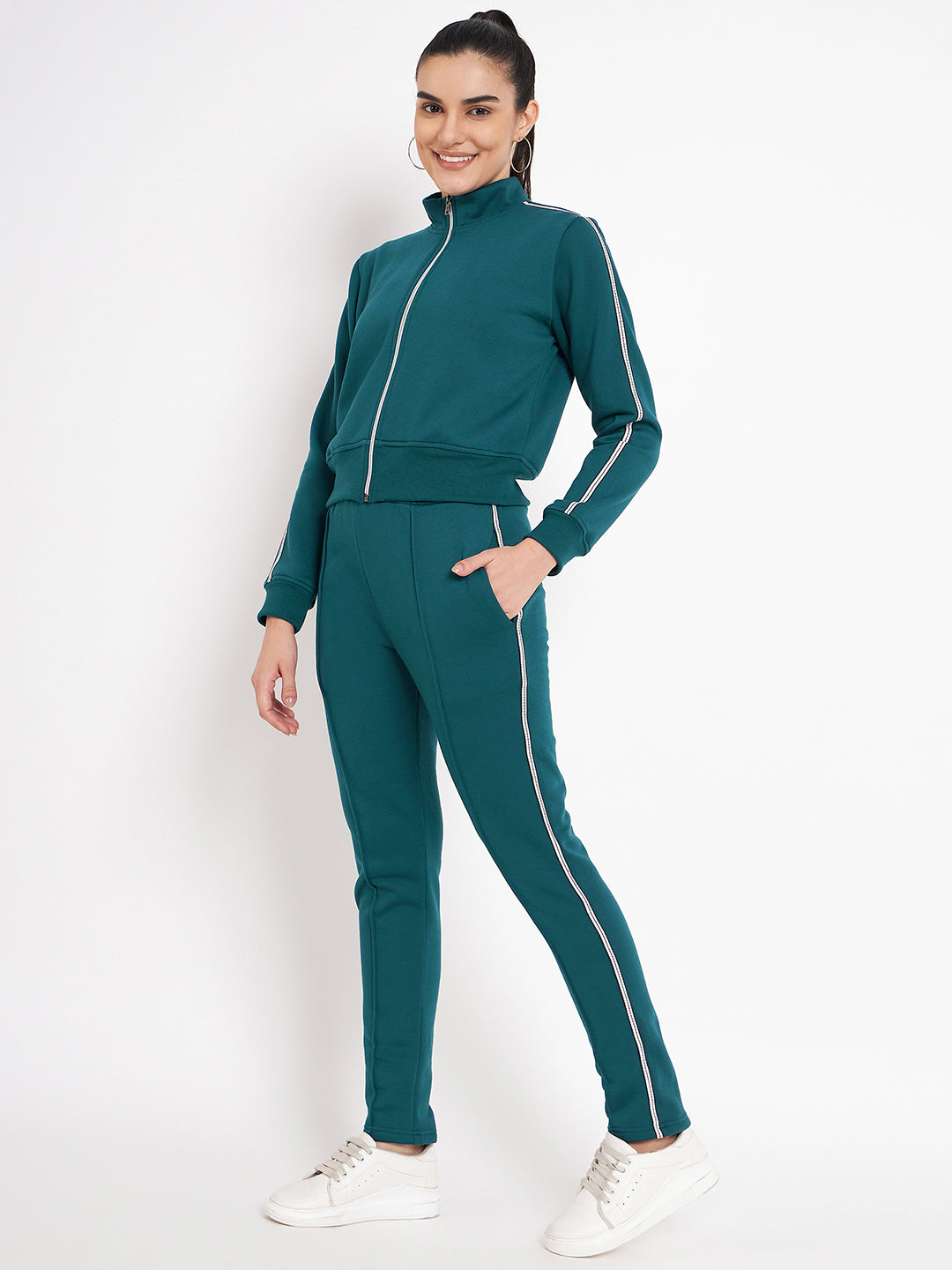 Women Solid Mock Collar Tracksuit