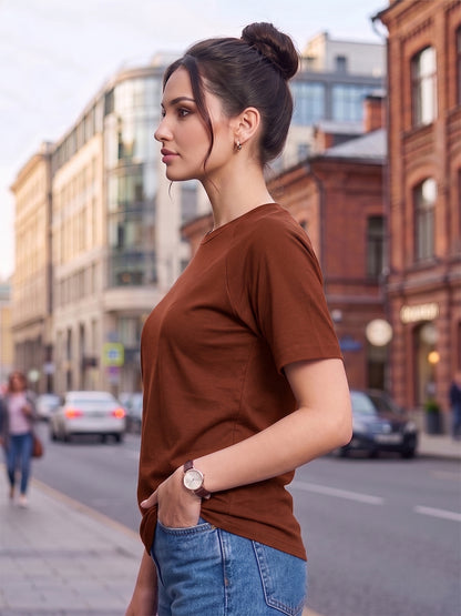 BRINNS Women Solid Raglan Sleeves Round Neck Cotton T-shirt