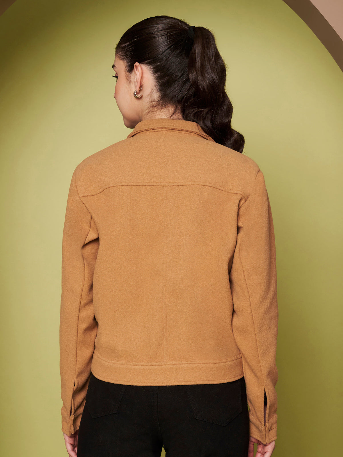 Solid Woven Jacket with Utility Pockets & Spread Collar