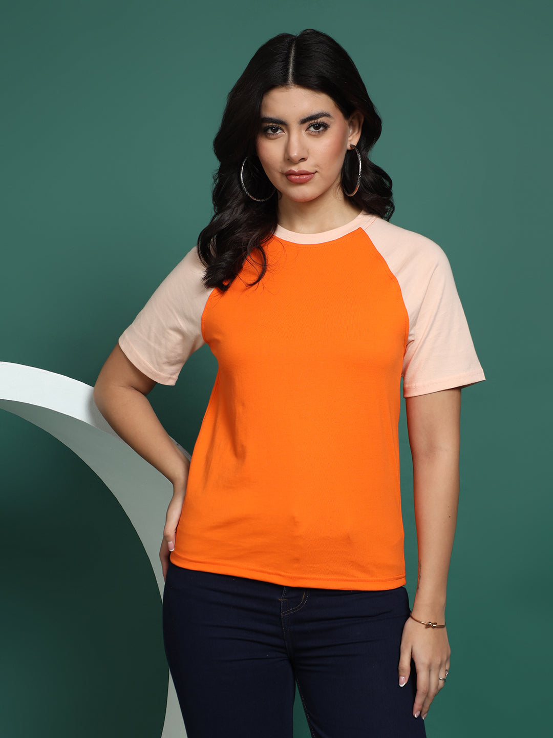 BRINNS Women Solid Raglan Sleeves Round Neck Cotton T-shirt