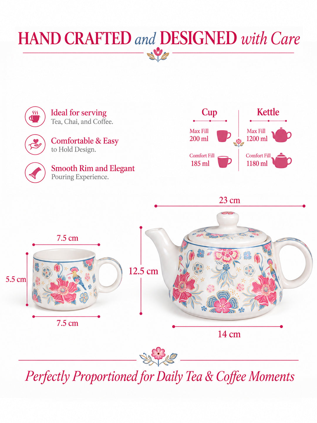 Tea Set | Printed | Kettle (1200 ml) & 6 Cups (200 ml)