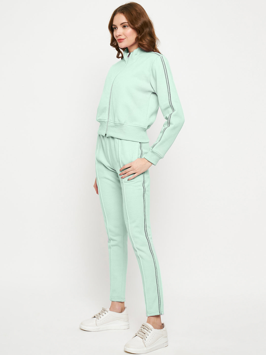 Women Solid Mock Collar Tracksuit