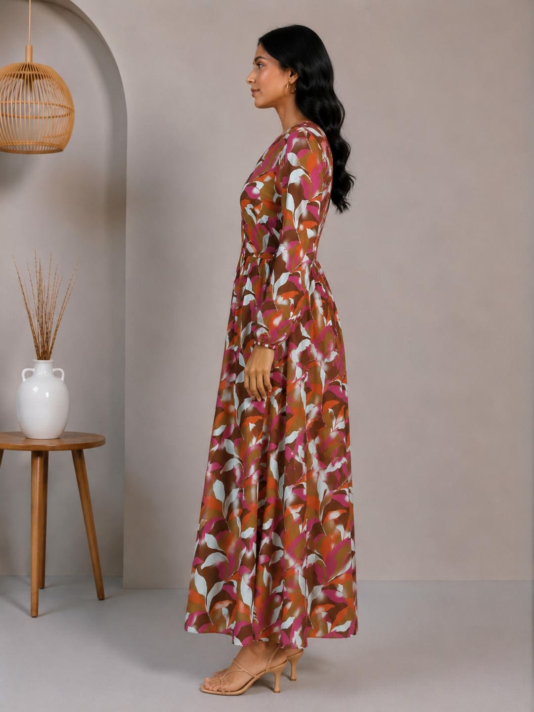 Printed Puff Sleeves Maxi Dress