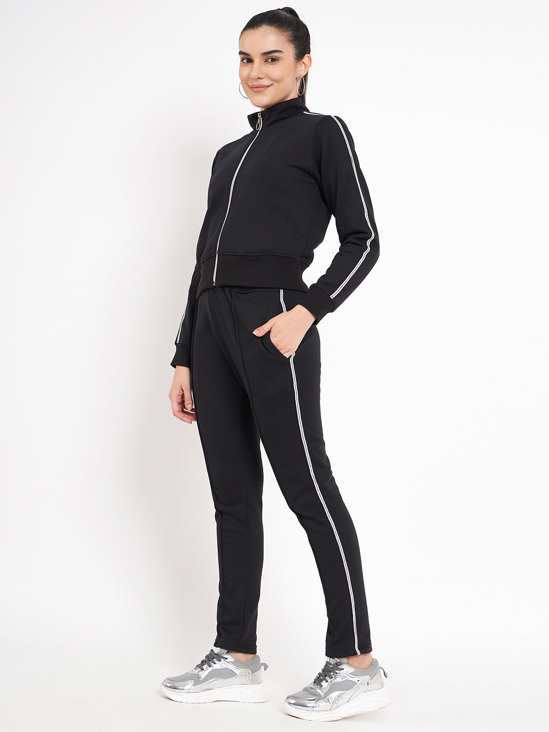 Women Solid Mock Collar Tracksuit