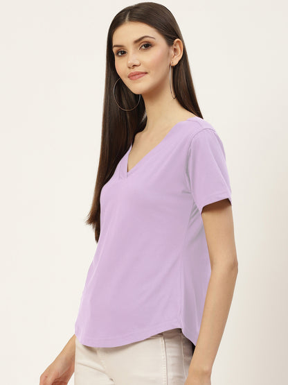 BRINNS Women Solid V-Neck Pure Cotton T-shirt