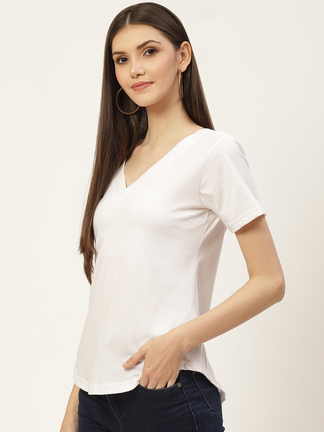 BRINNS Women Solid V-Neck Pure Cotton T-shirt