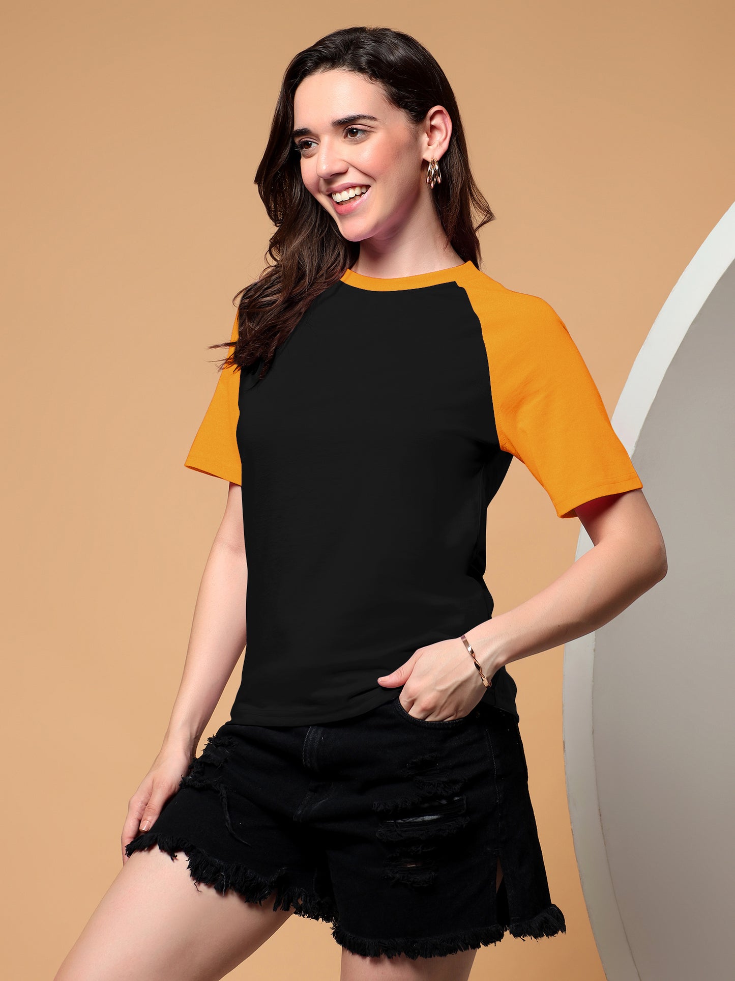 BRINNS Women Solid Raglan Sleeves Round Neck Cotton T-shirt