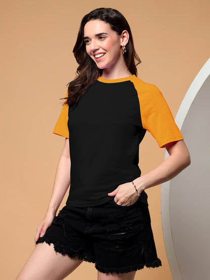 BRINNS Women Solid Raglan Sleeves Round Neck Cotton T-shirt