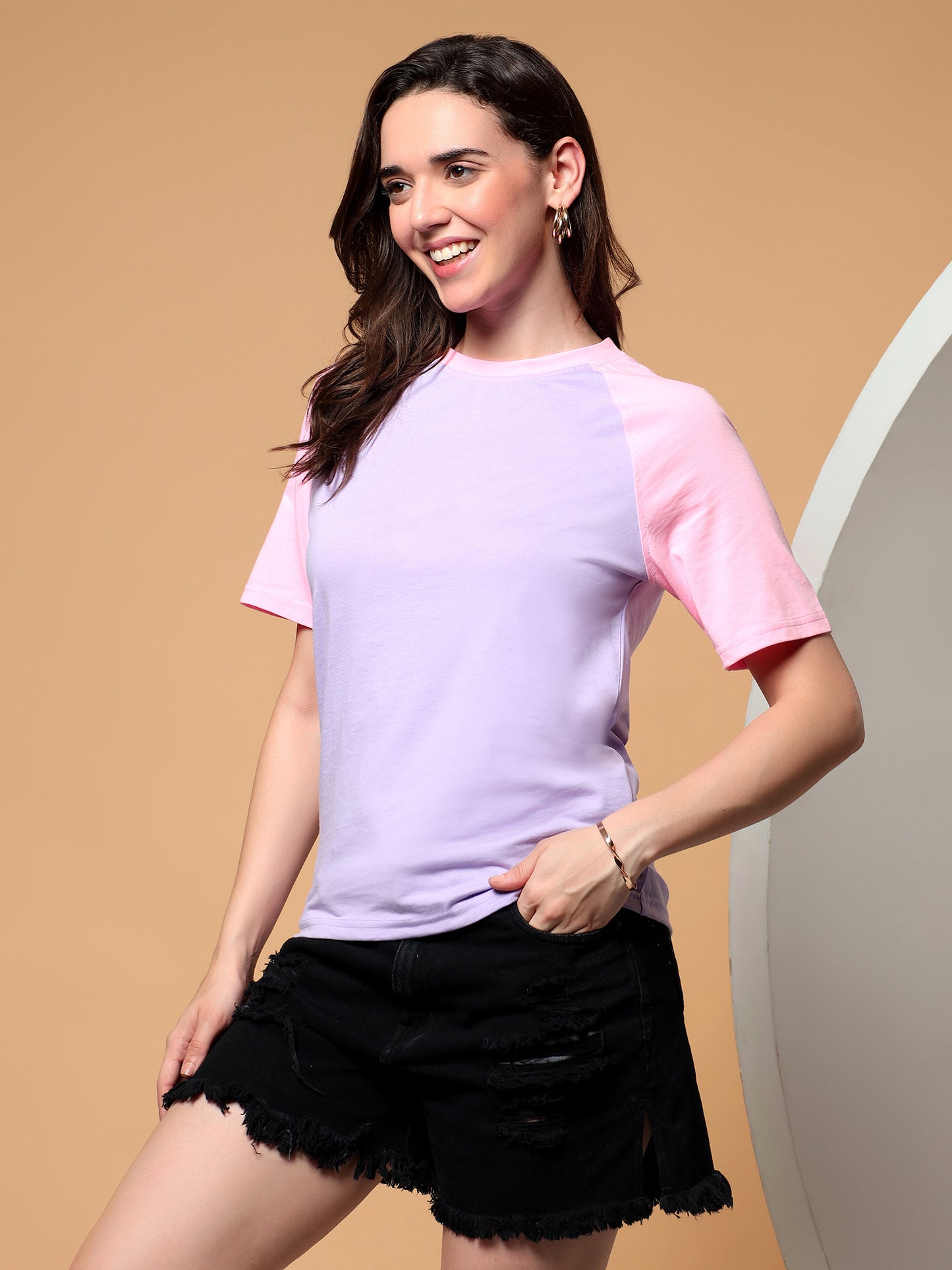 BRINNS Women Solid Raglan Sleeves Round Neck Cotton T-shirt