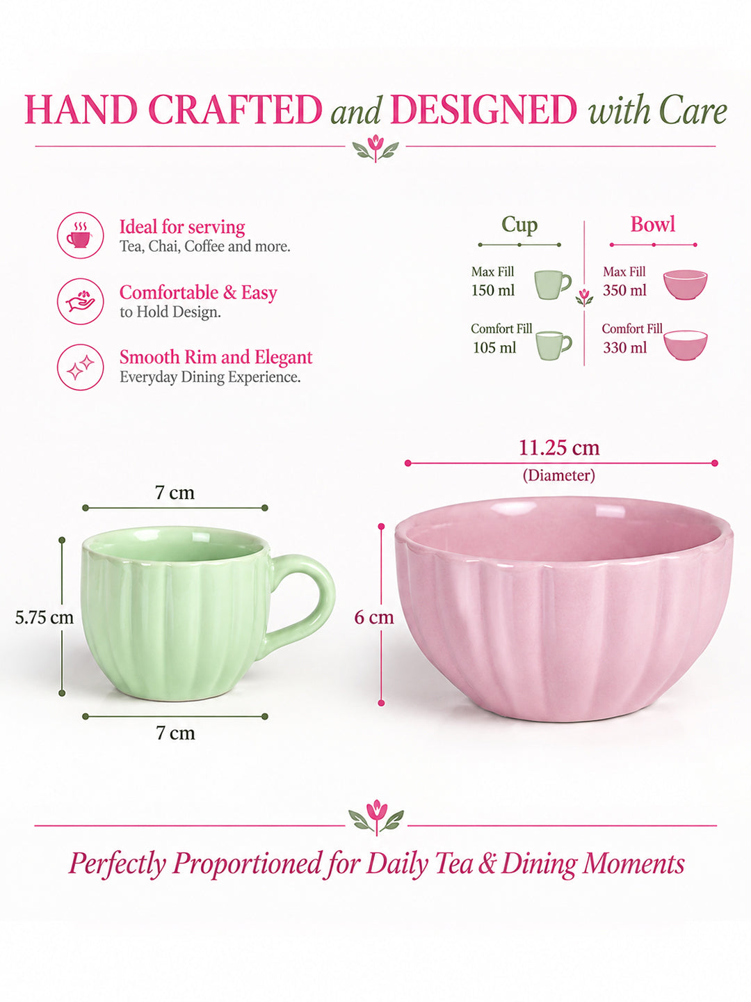 Tea Cups Set of 6 with 2 Snack Bowls | Multicolor | 150 ml