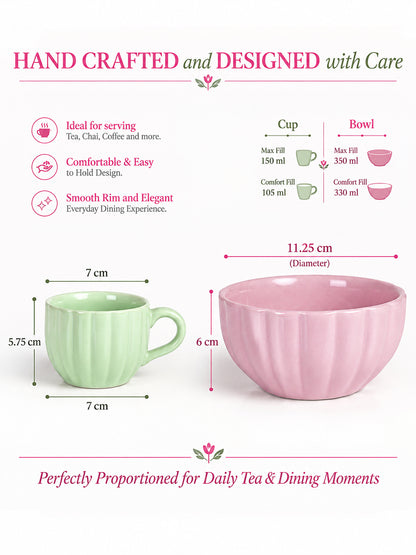 Tea Cups Set of 6 with 2 Snack Bowls | Multicolor | 150 ml