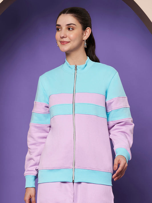 Colourblocked Stand Collar Zip-Up Fleece Jacket