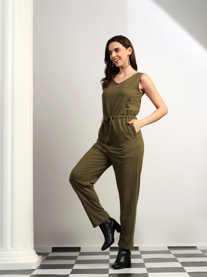 BRINNS Women V-Neck Pure Cotton Jumpsuit with Waist Tie-Up