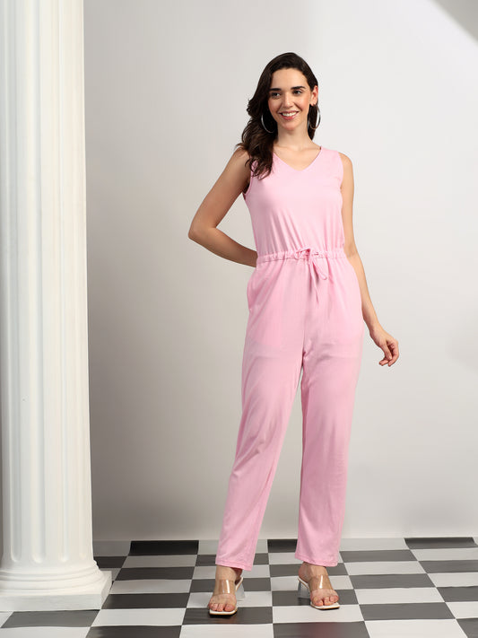 BRINNS Women V-Neck Pure Cotton Jumpsuit with Waist Tie-Up