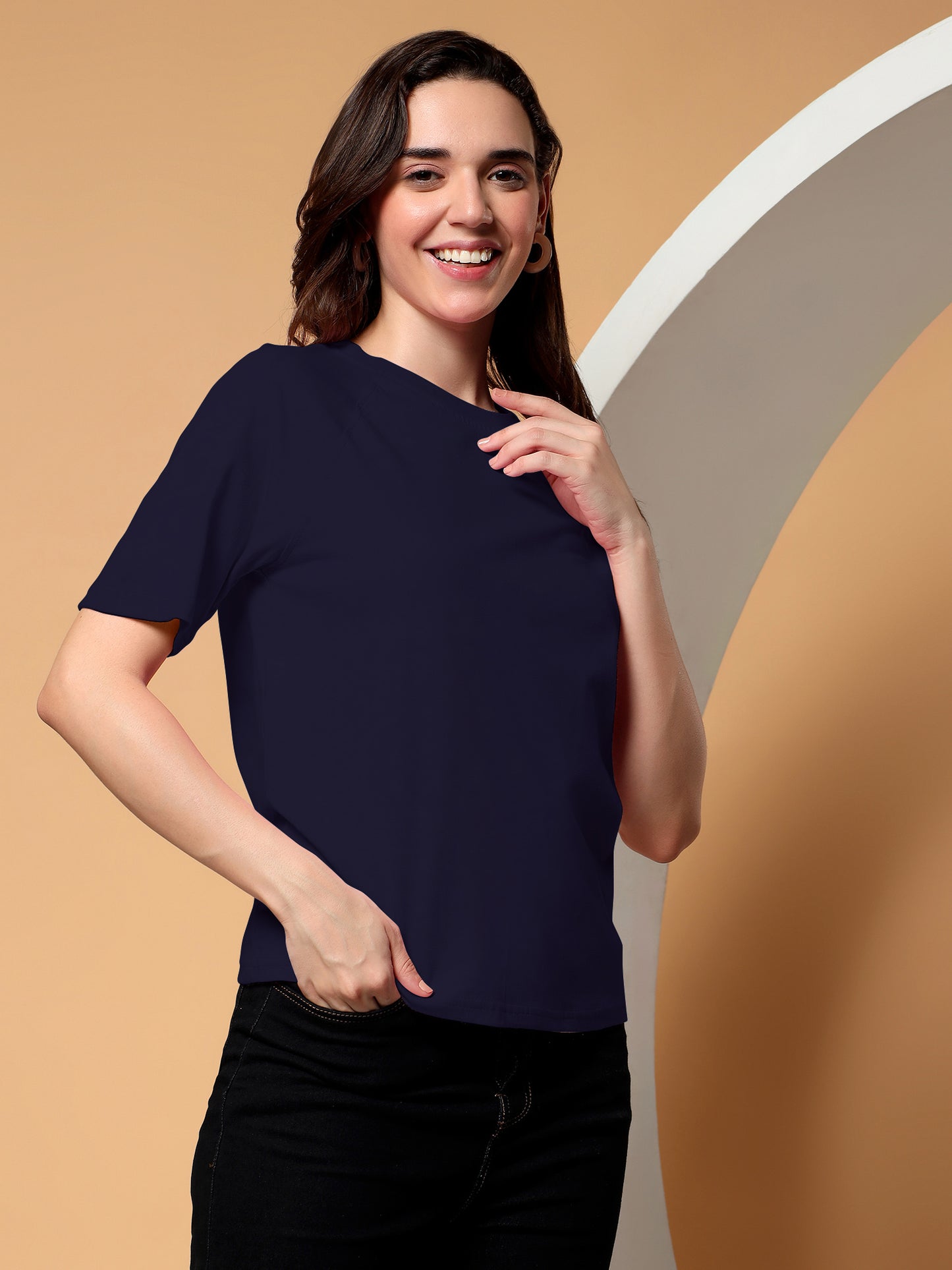 BRINNS Women Solid Raglan Sleeves Round Neck Cotton T-shirt