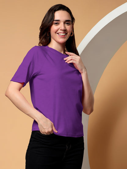 BRINNS Women Solid Raglan Sleeves Round Neck Cotton T-shirt
