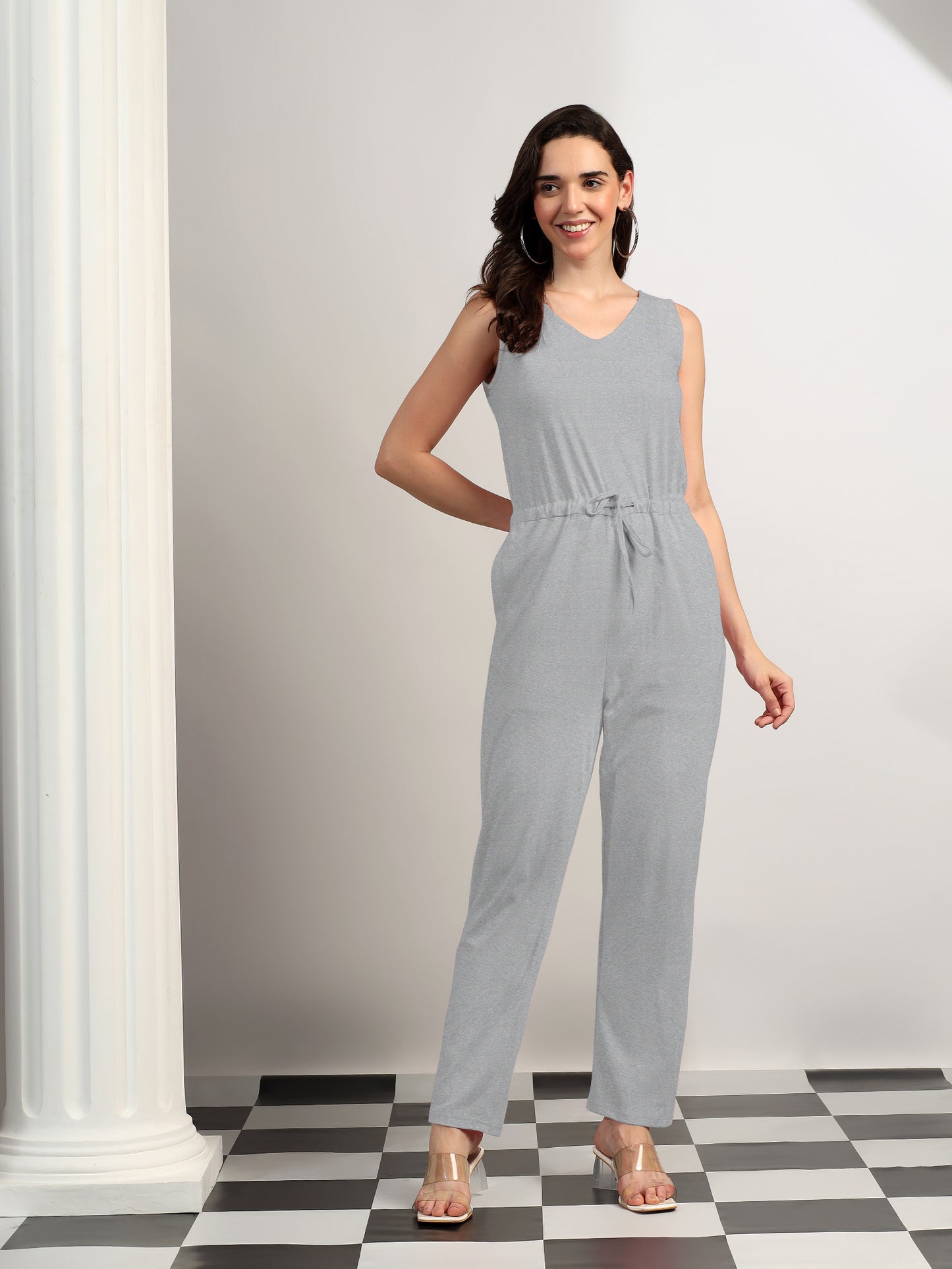 BRINNS Women V-Neck Pure Cotton Jumpsuit with Waist Tie-Up