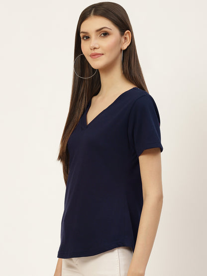 BRINNS Women Solid V-Neck Pure Cotton T-shirt