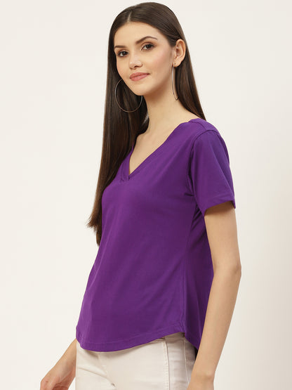 BRINNS Women Solid V-Neck Pure Cotton T-shirt