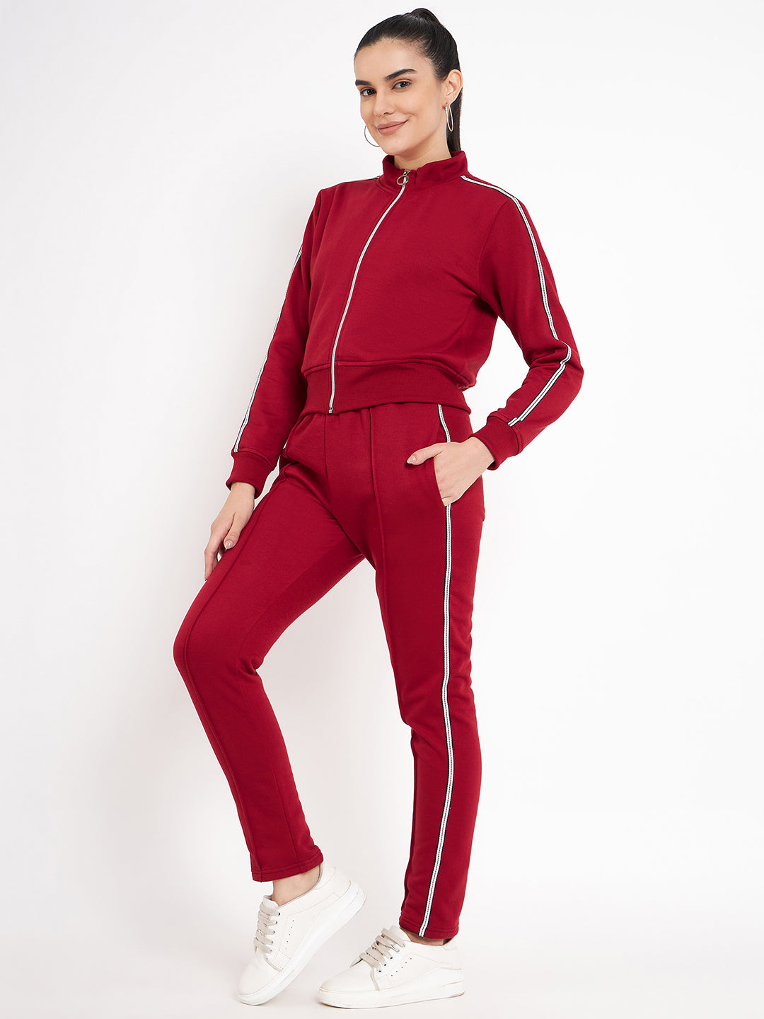 Women Solid Mock Collar Tracksuit