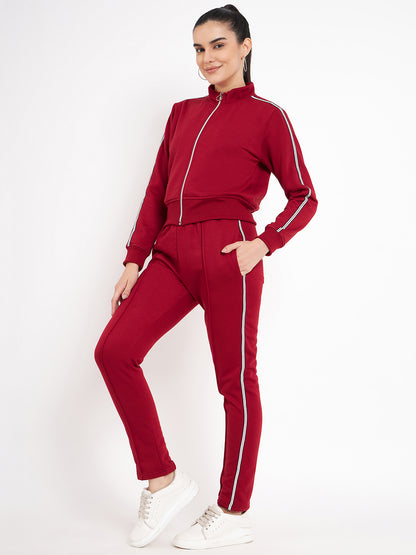 Women Solid Mock Collar Tracksuit