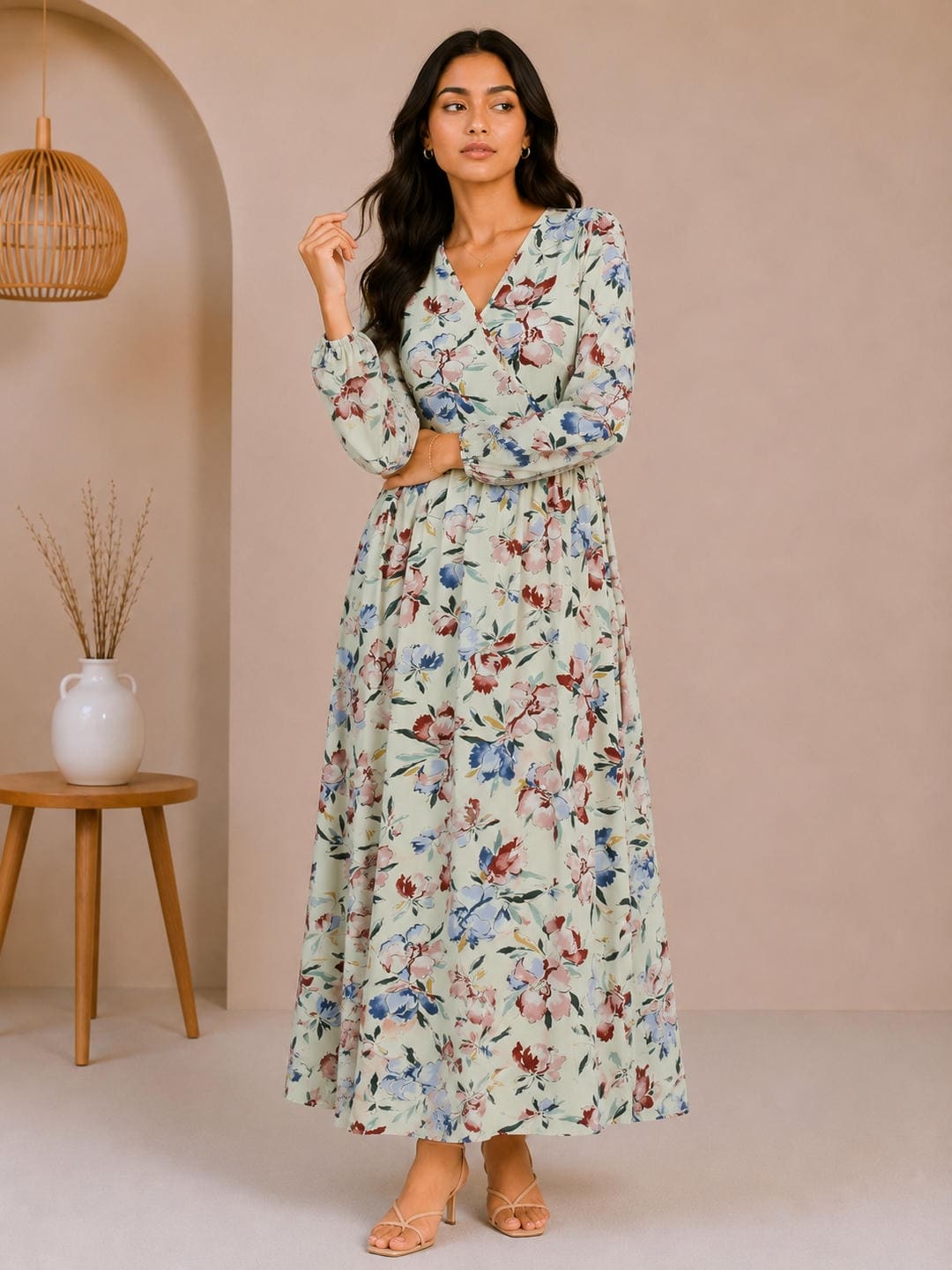Printed Puff Sleeves Maxi Dress