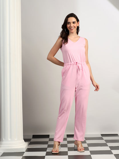 BRINNS Women V-Neck Pure Cotton Jumpsuit with Waist Tie-Up