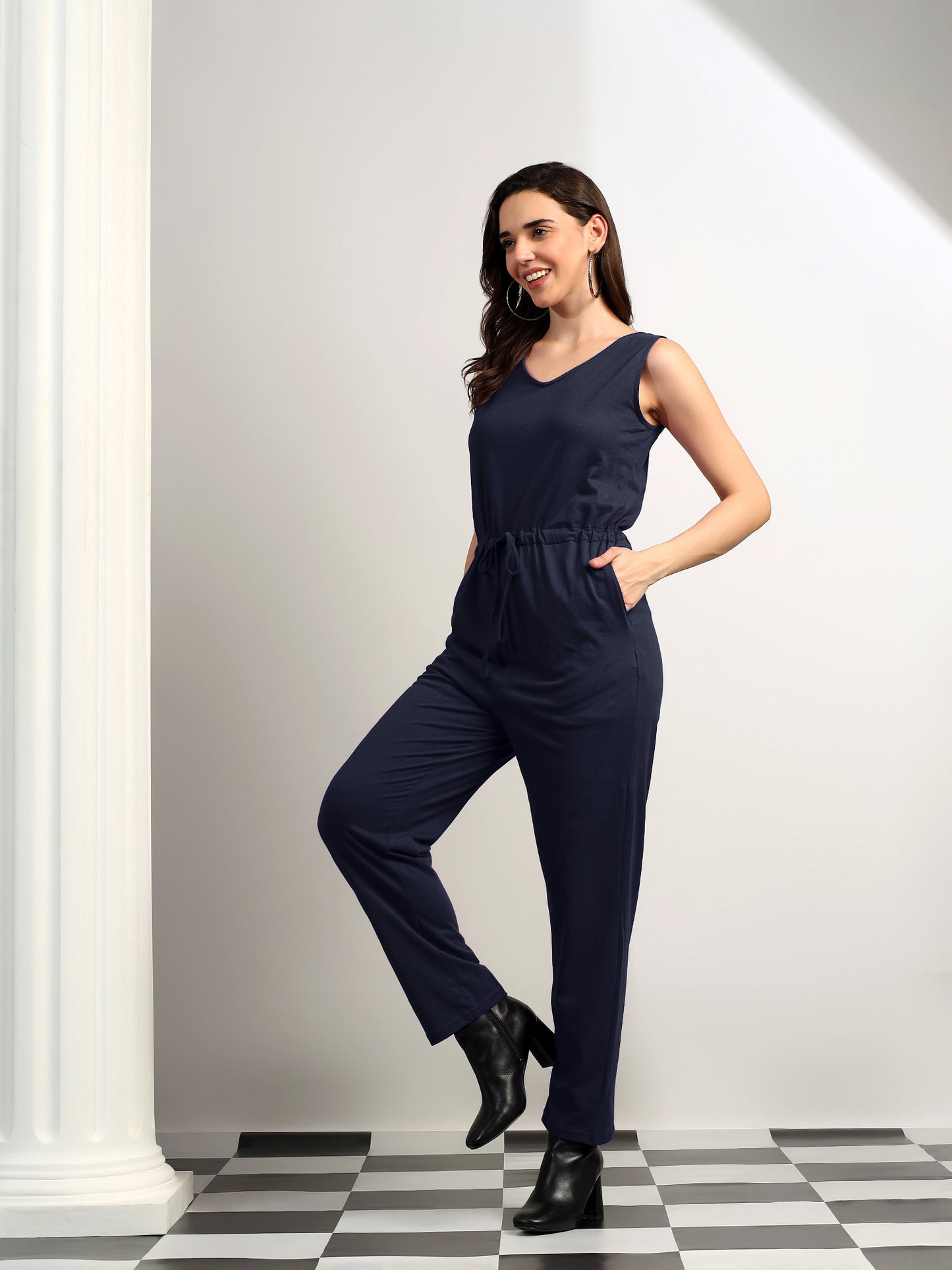 BRINNS Women V-Neck Pure Cotton Jumpsuit with Waist Tie-Up