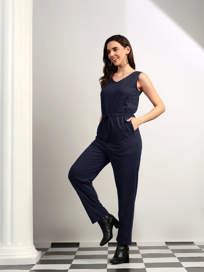 BRINNS Women V-Neck Pure Cotton Jumpsuit with Waist Tie-Up