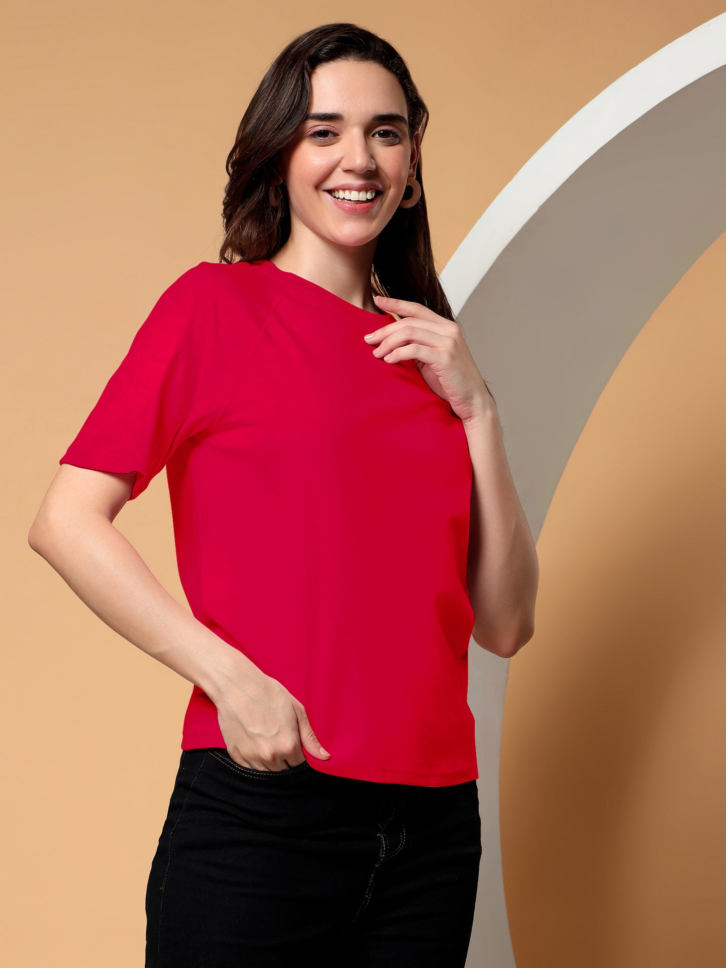 BRINNS Women Solid Raglan Sleeves Round Neck Cotton T-shirt