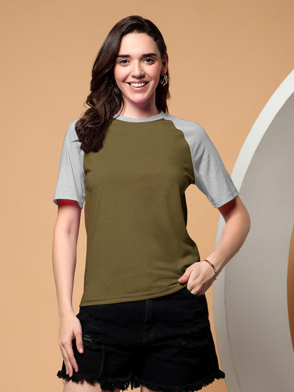 BRINNS Women Solid Raglan Sleeves Round Neck Cotton T-shirt
