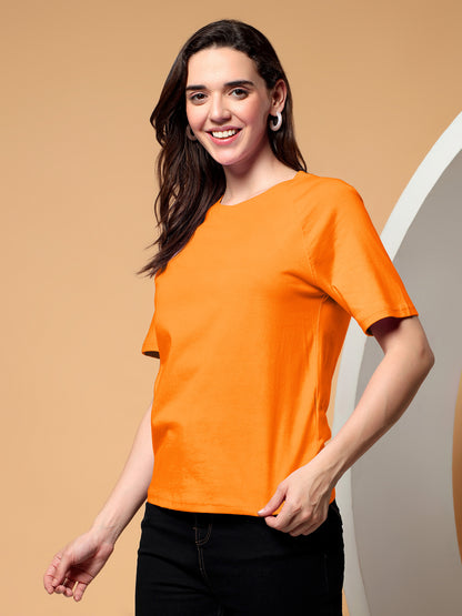BRINNS Women Solid Raglan Sleeves Round Neck Cotton T-shirt