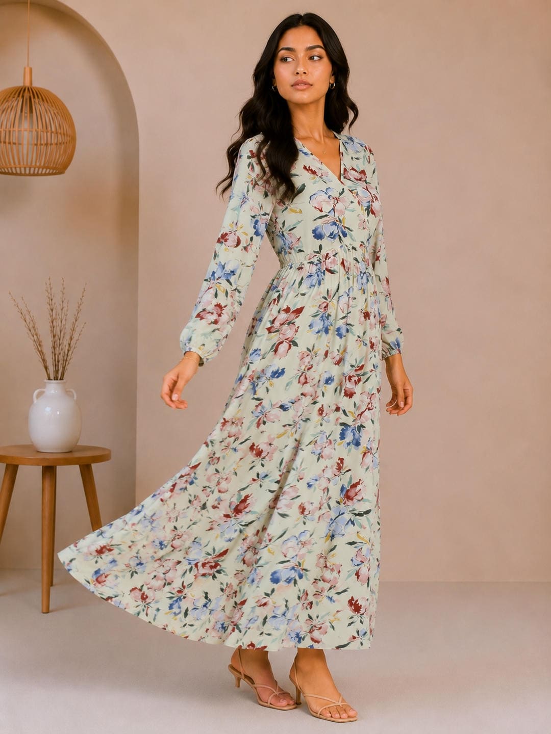 Printed Puff Sleeves Maxi Dress