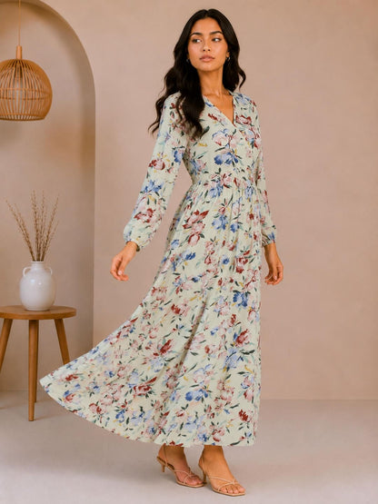 Printed Puff Sleeves Maxi Dress