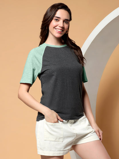 BRINNS Women Solid Raglan Sleeves Round Neck Cotton T-shirt