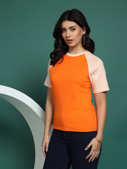 BRINNS Women Solid Raglan Sleeves Round Neck Cotton T-shirt