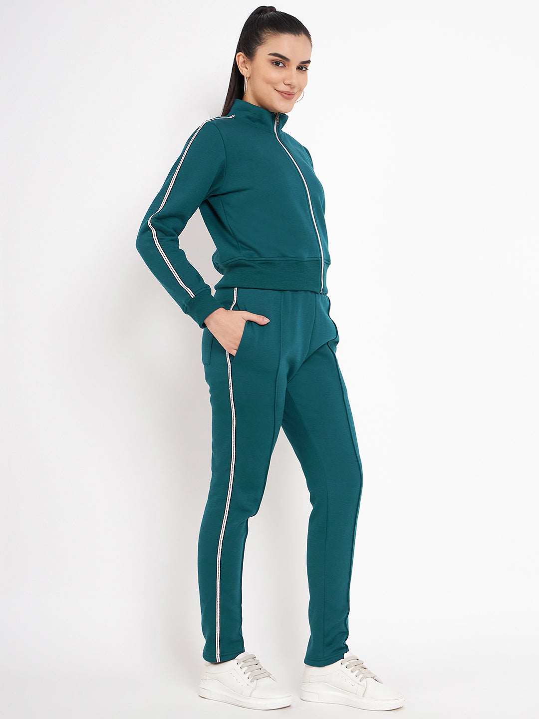 Women Solid Mock Collar Tracksuit