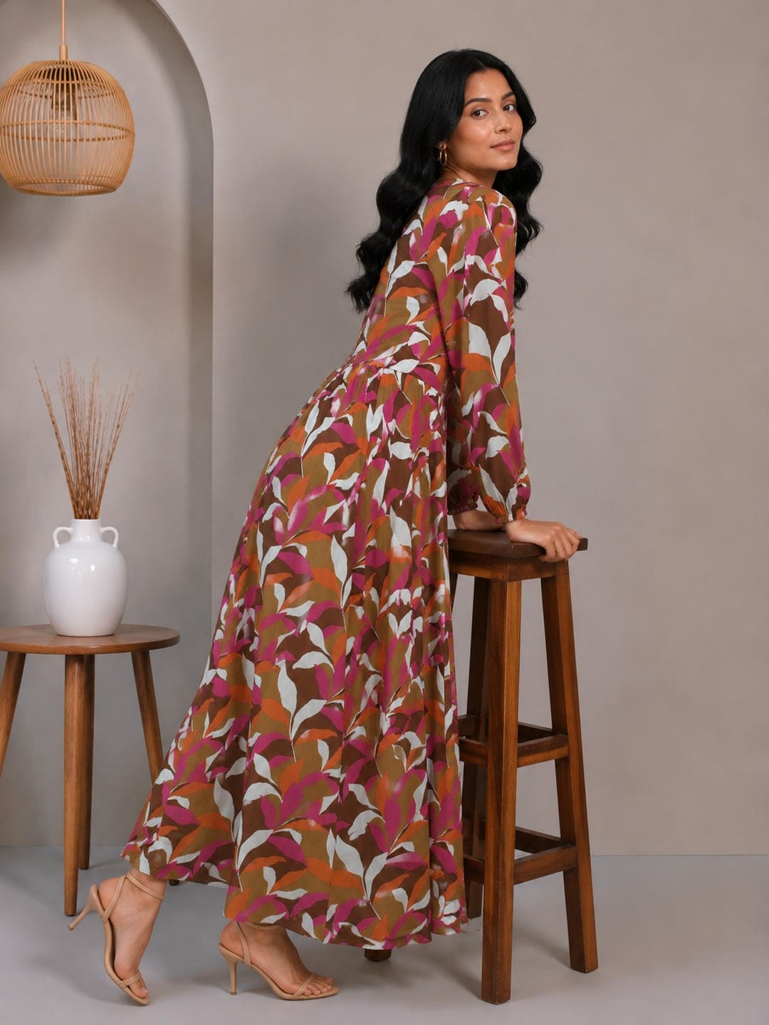 Printed Puff Sleeves Maxi Dress
