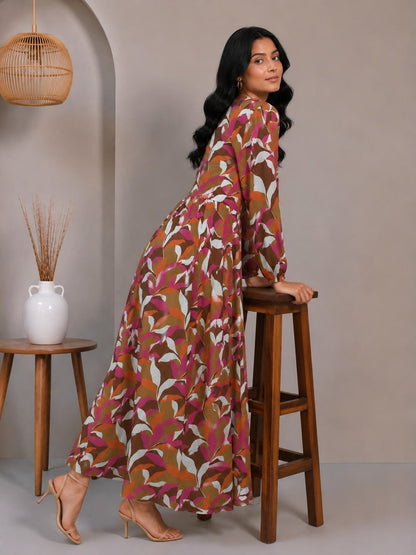 Printed Puff Sleeves Maxi Dress