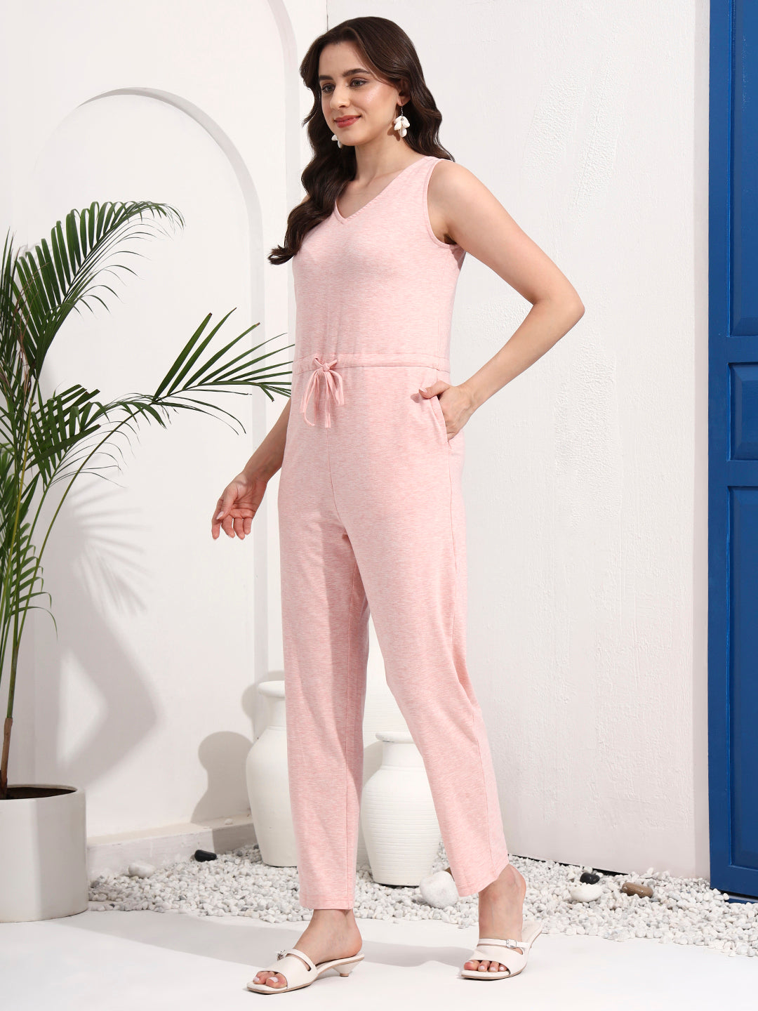 BRINNS Women V-Neck Pure Cotton Jumpsuit with Waist Tie-Up