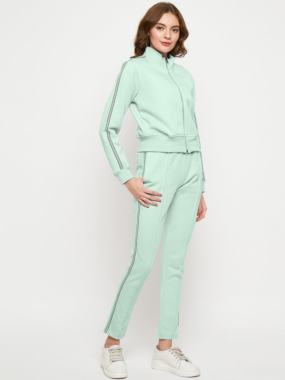 Women Solid Mock Collar Tracksuit