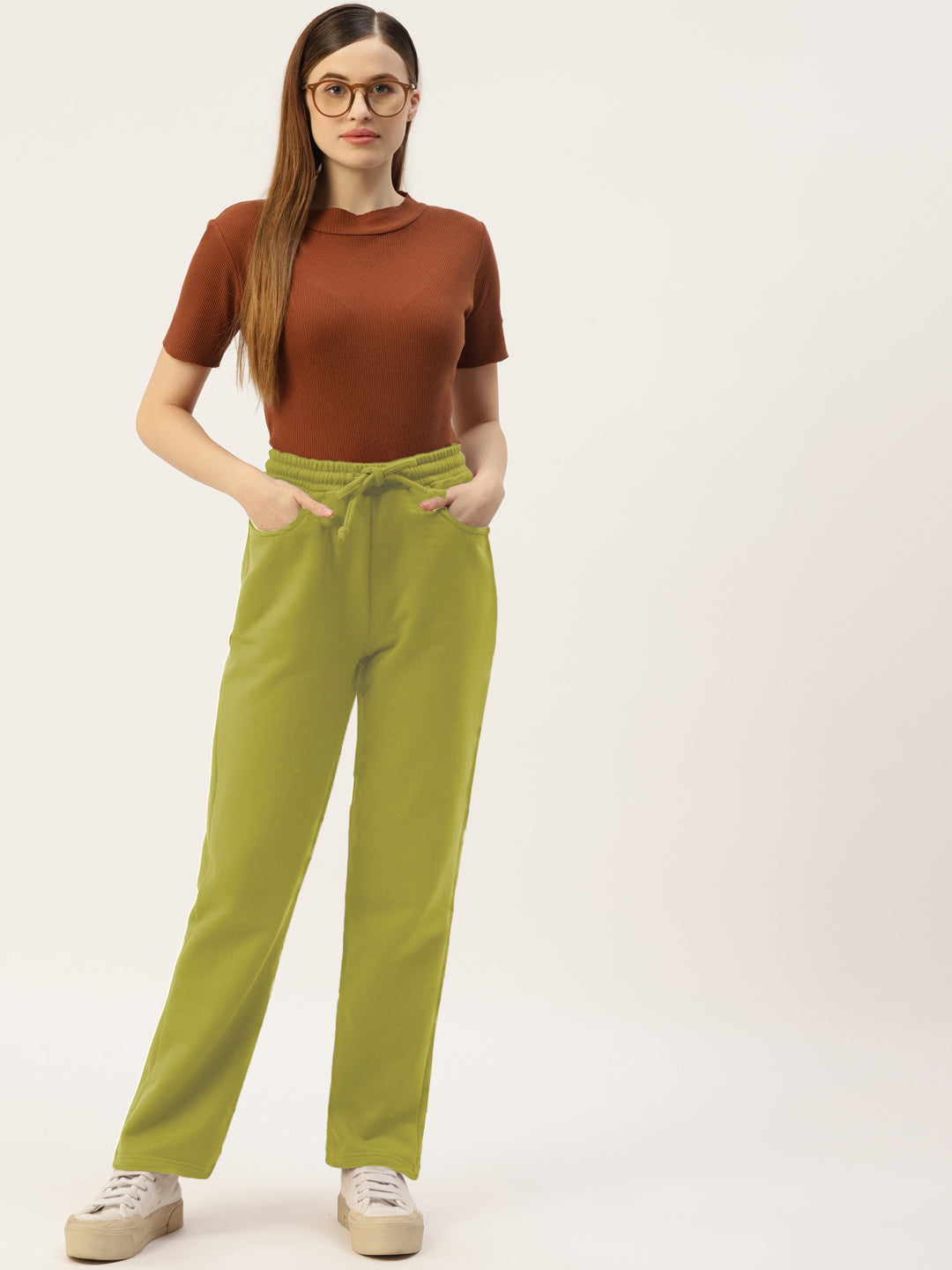 Solid Relaxed Straight Fit PolyCotton Fleece Trousers