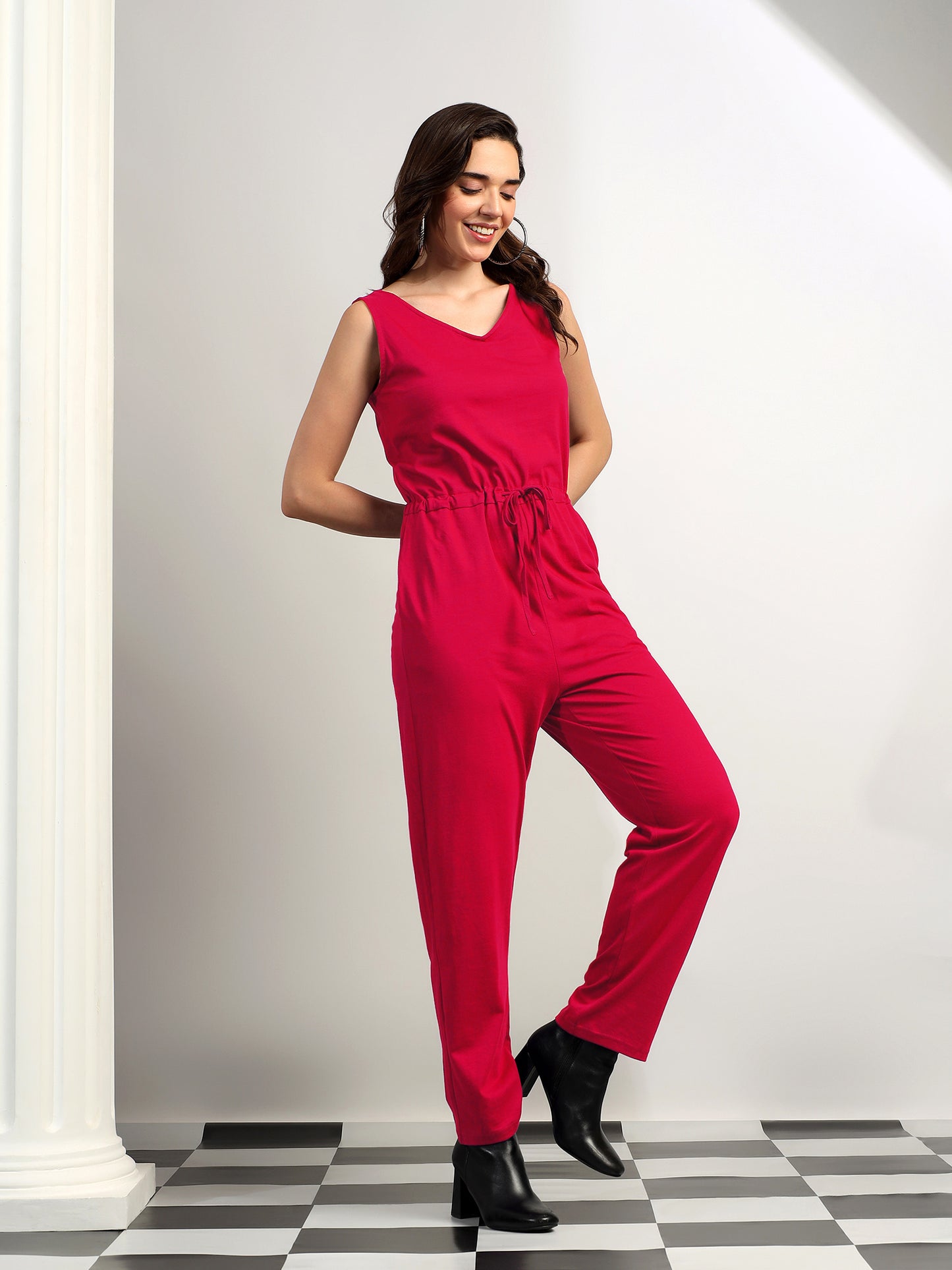 BRINNS Women V-Neck Pure Cotton Jumpsuit with Waist Tie-Up