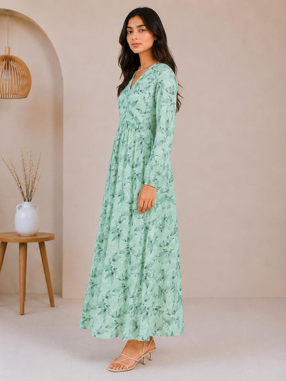Printed Puff Sleeves Maxi Dress