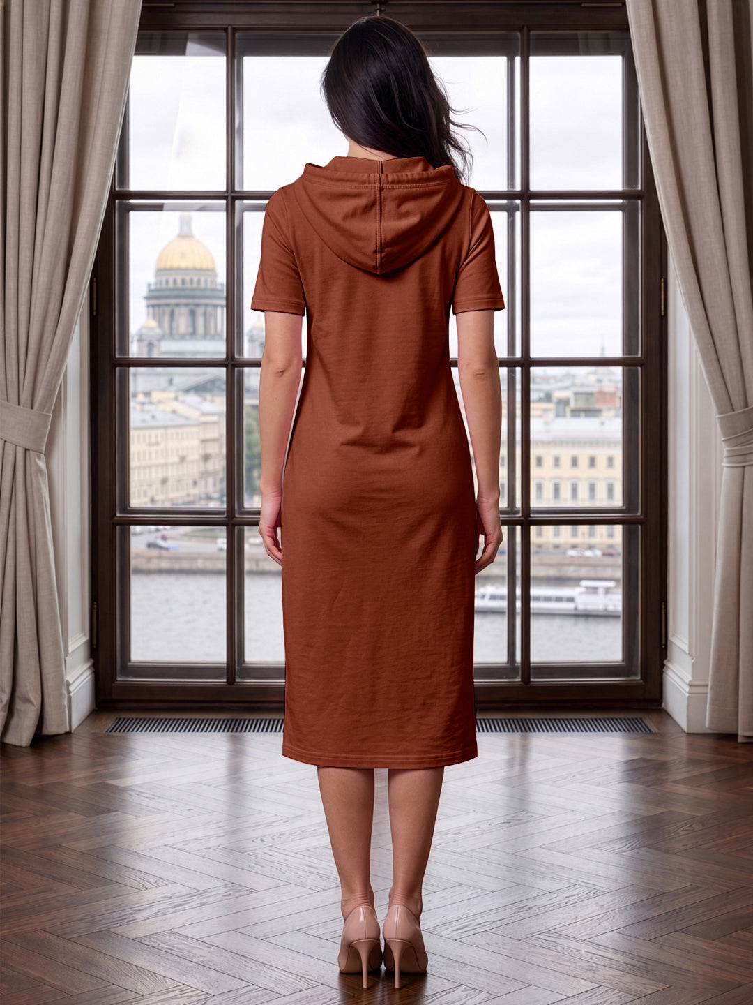 BRINNS Women Hooded Pure Cotton T-shirt Midi Dress