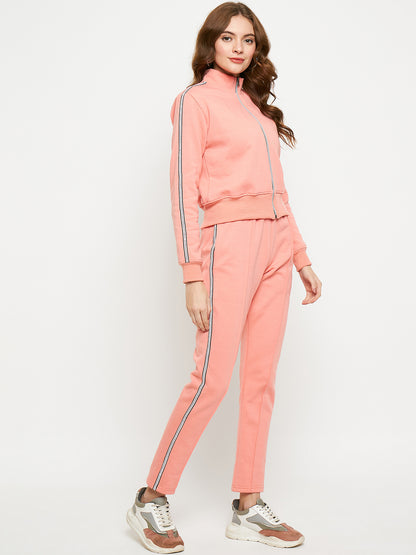 Women Solid Mock Collar Tracksuit