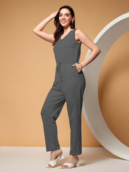 BRINNS Women V-Neck Pure Cotton Jumpsuit with Waist Tie-Up