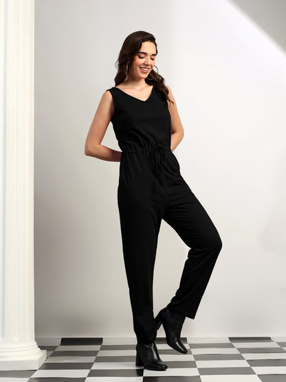 BRINNS Women V-Neck Pure Cotton Jumpsuit with Waist Tie-Up