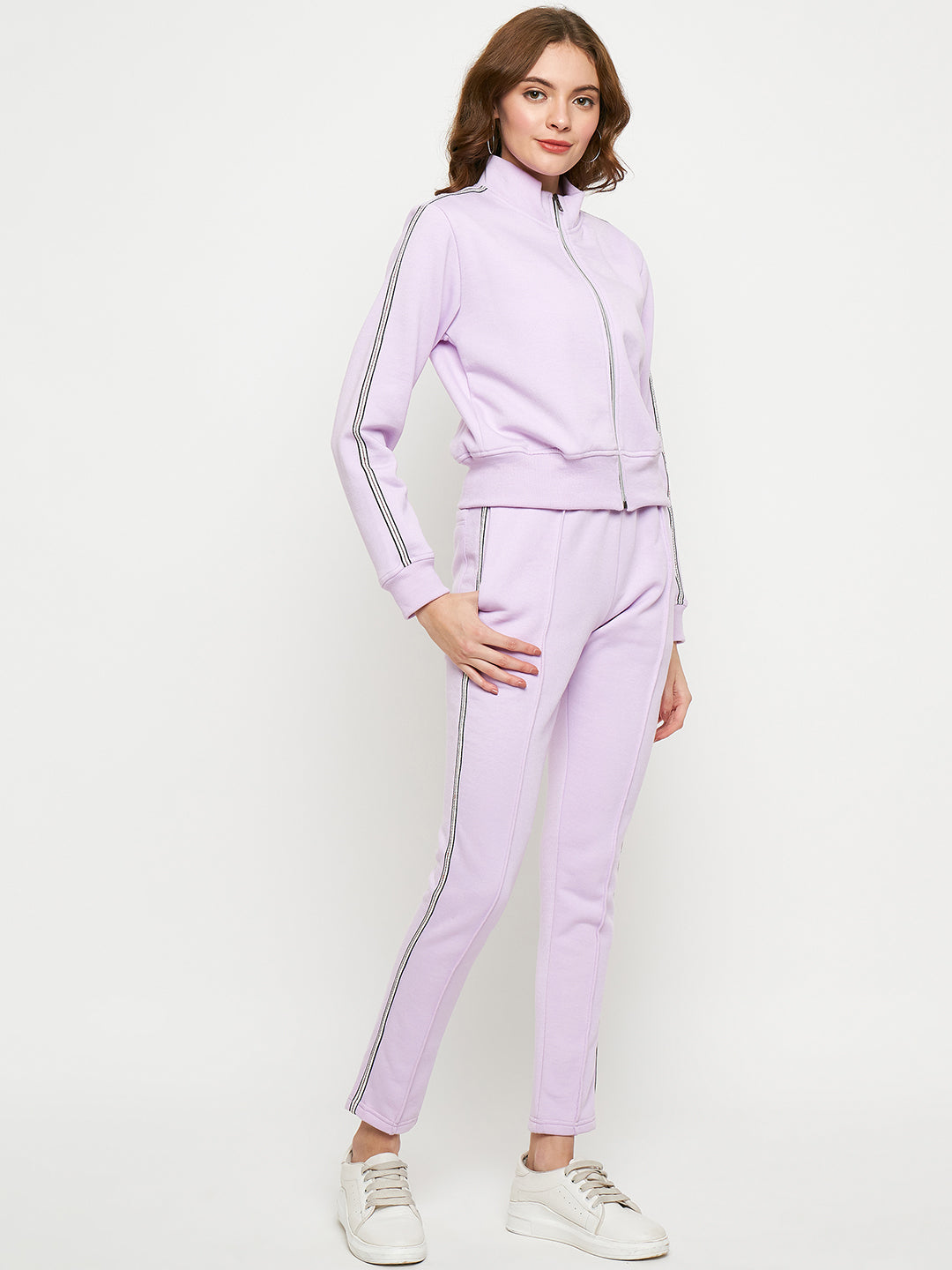 Women Solid Mock Collar Tracksuit